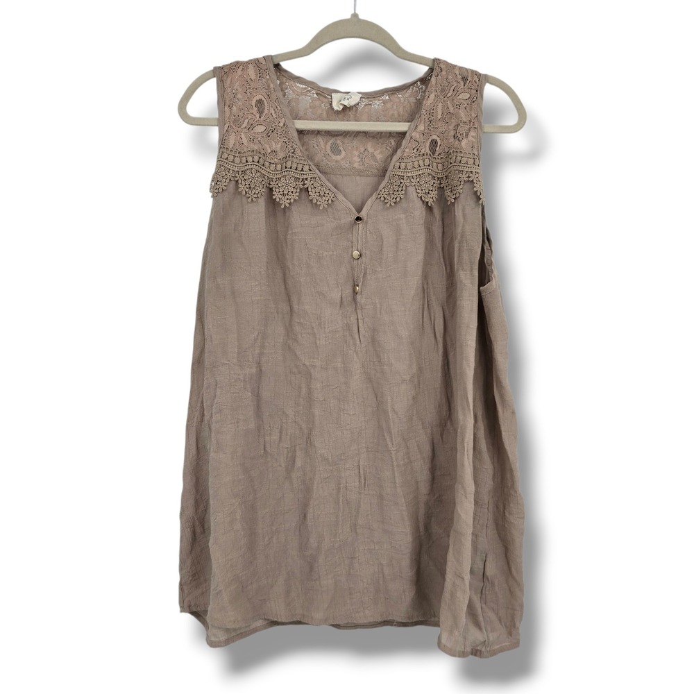 Ember Womens Plus 2X Taupe Lace Trim Sleeveless Boho Blouse Button‎ V-Neck